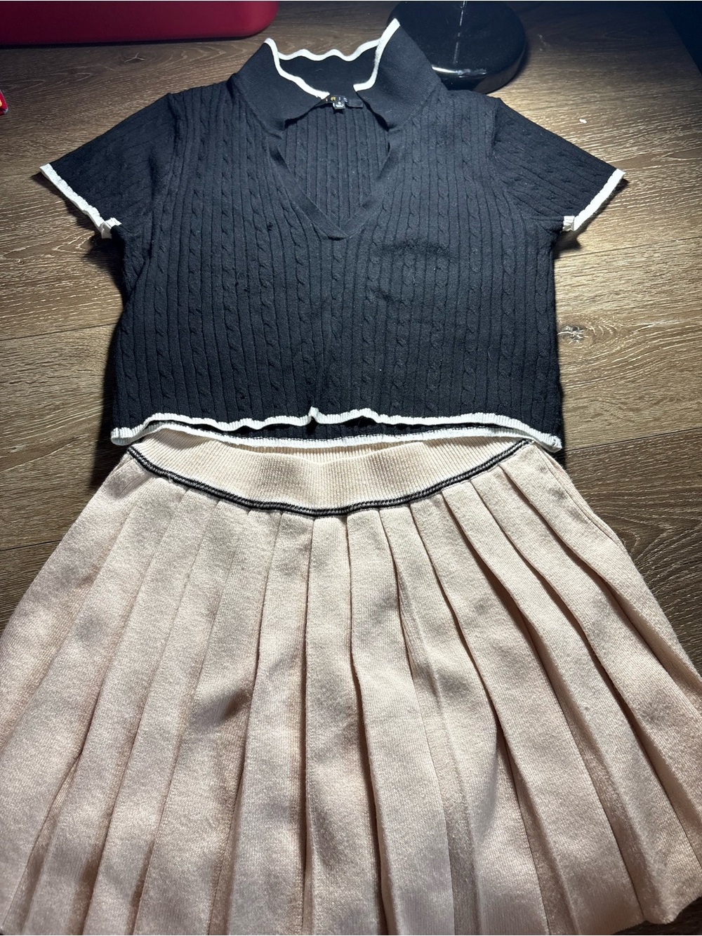 Love Black Crop Knit Top with Blush Pleated Skirt Set